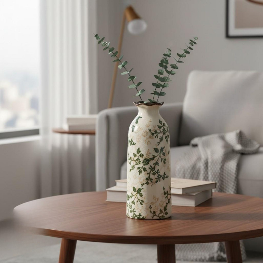 Ceramic Vase – Botanical Print Cream and Green