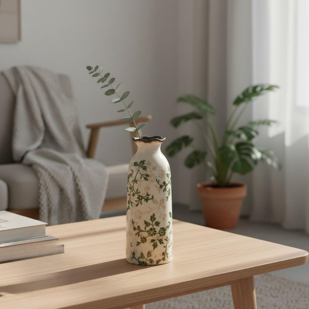 Ceramic Vase – Botanical Print Cream and Green